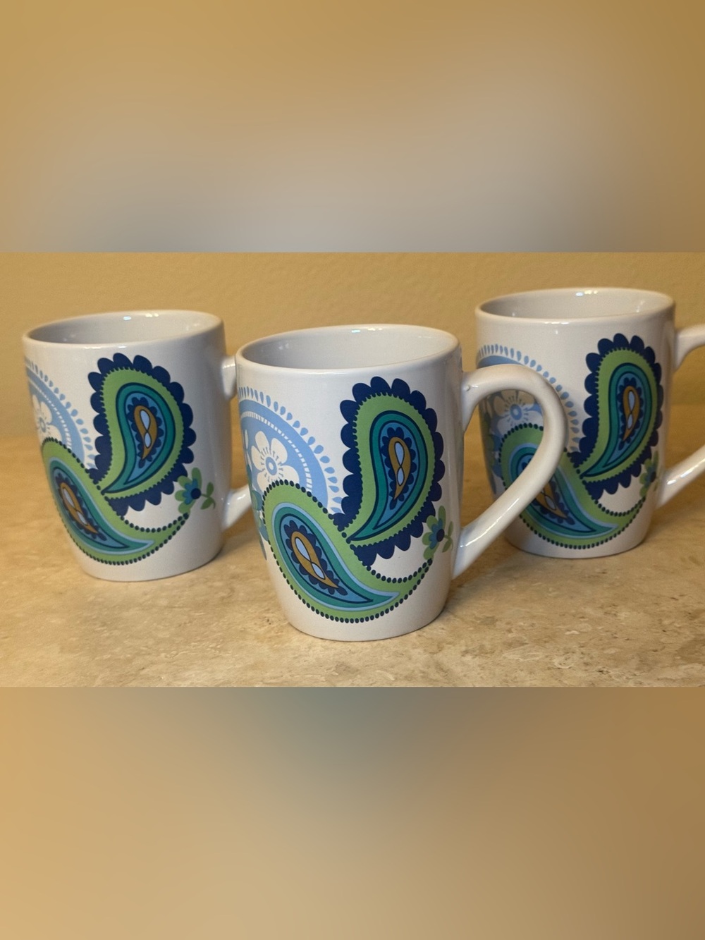 Norfolk Paisley, floral coffee/tea mugs set of 3, 12 ounce each ceramic